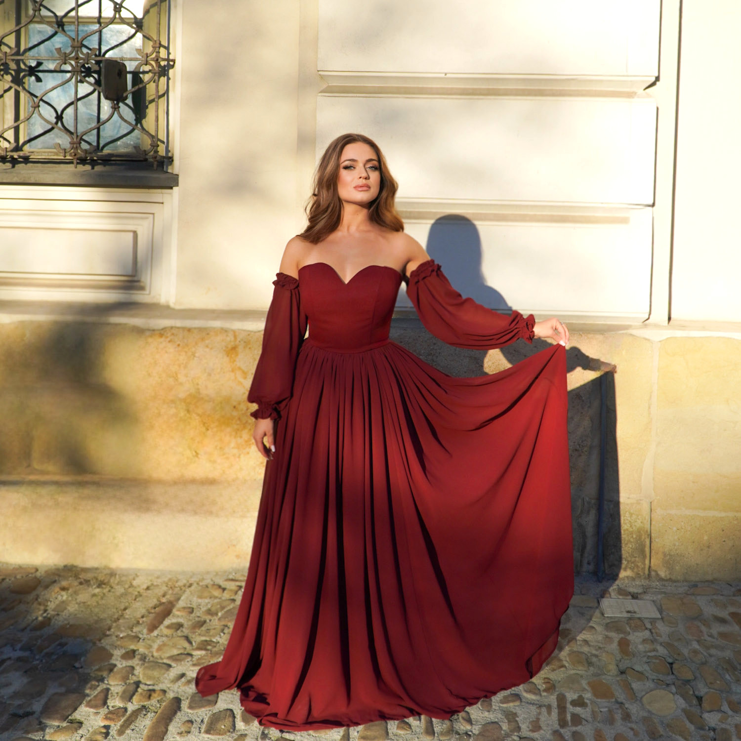 Sukienka boho długa maxi z bufiastymi rękawami bridalstole